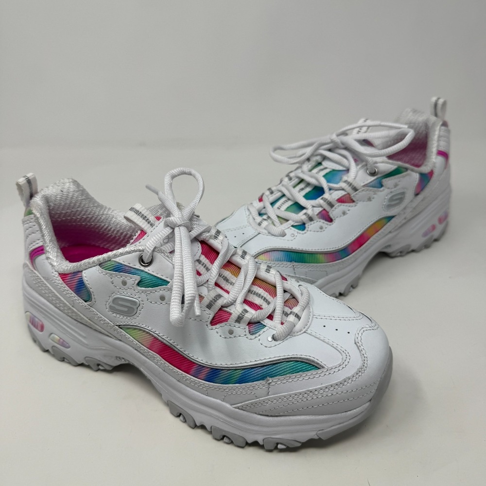 NWOB Skechers D'Lites Leather Lace Up Shoes 149262 Dreamy Sky White Girls Size 6